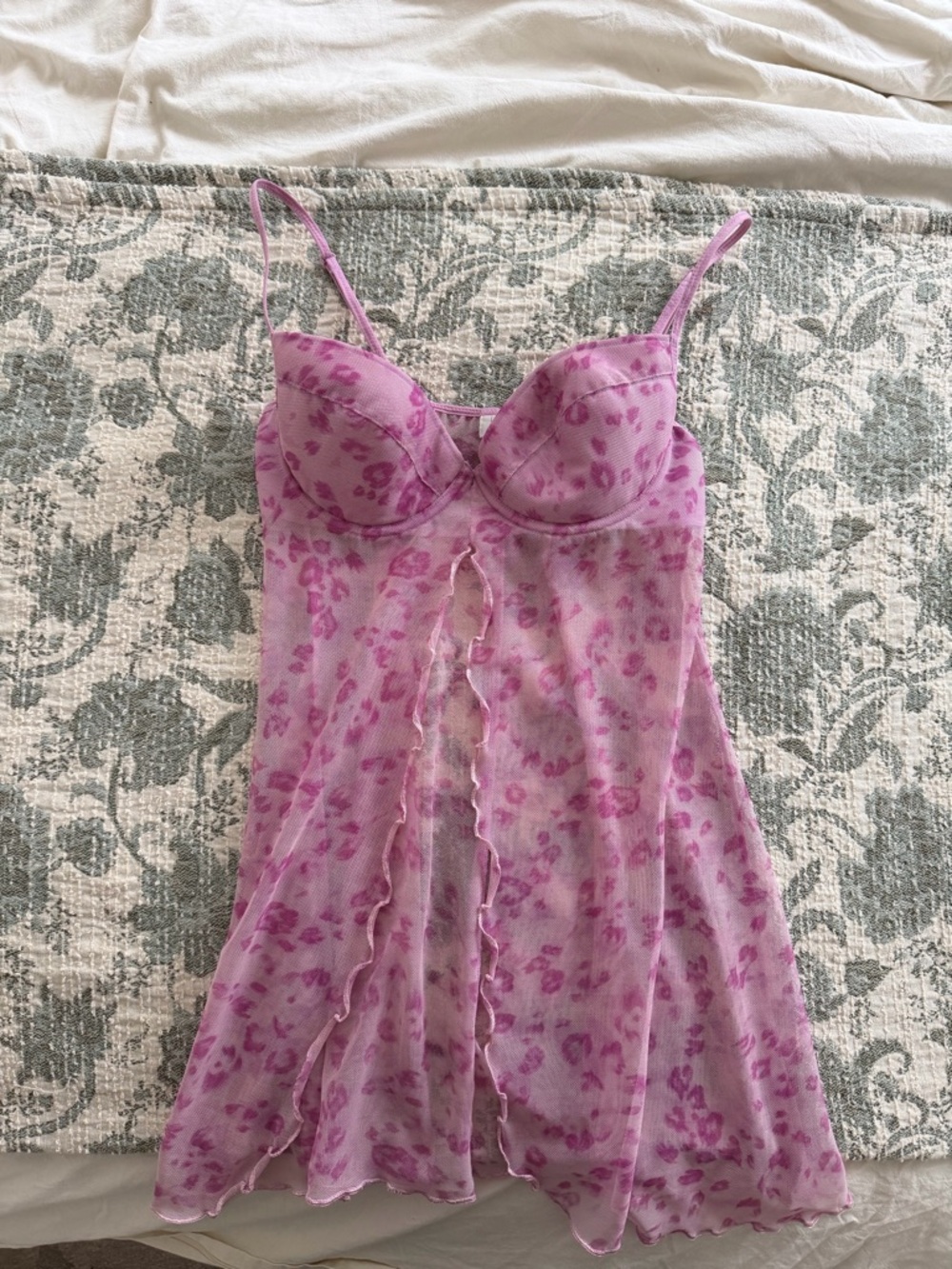 Sheer Pink Leopard Mesh lingerie baby doll top with Underwire Cups